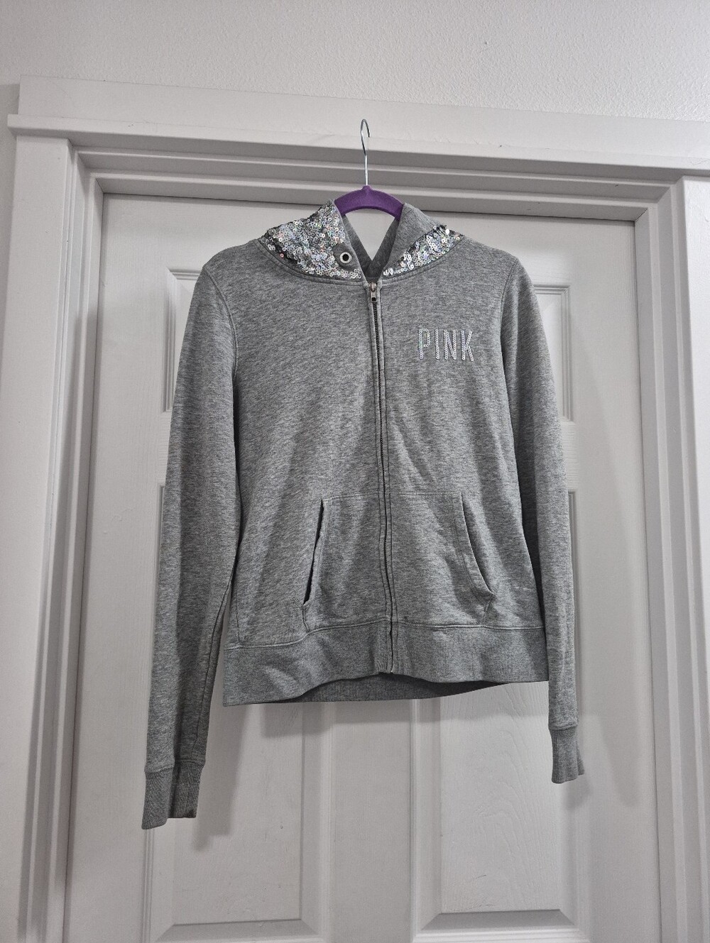 Y2k PINK Victoria's Secret Women's Gray Sequin Hood Zip-Up Jacket